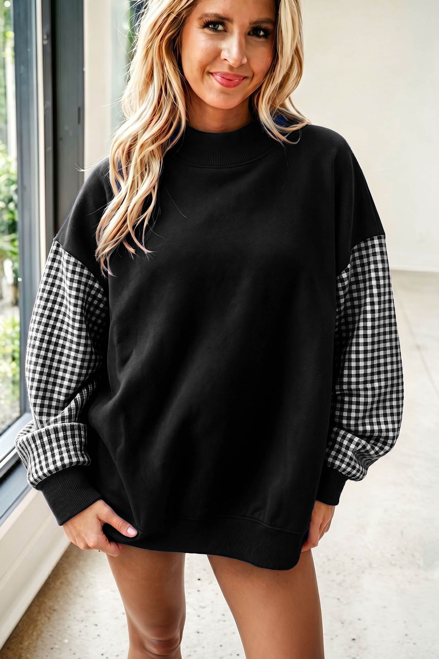 Plaid Sleeve Colorblock Tunic Sweatshirt