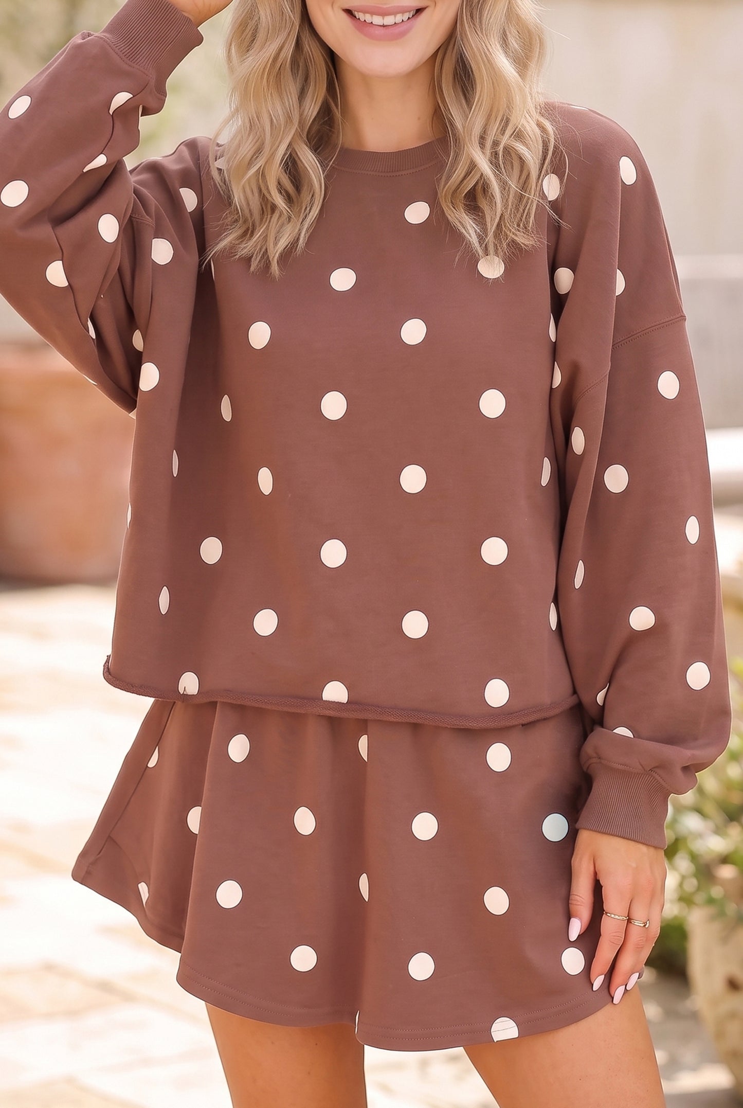 Brown Polka Dot Raw Hem Pullover & Skort Two-Piece Set