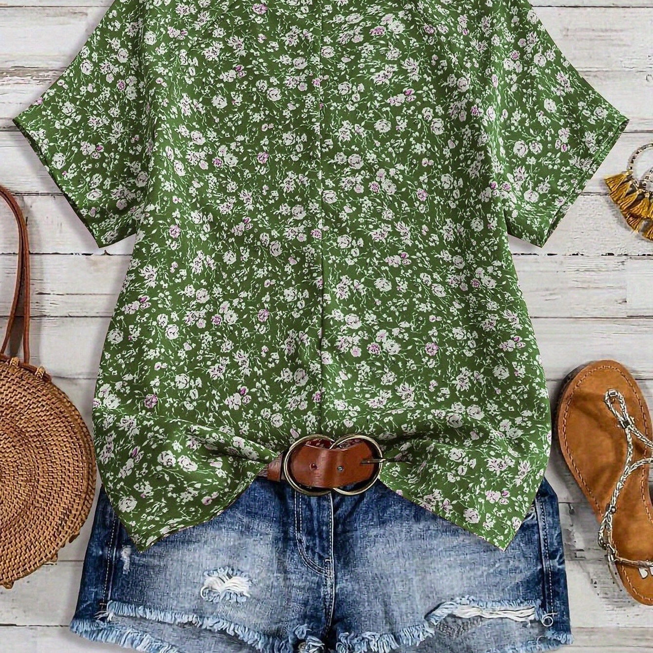 Women's V-Neck Floral Short-Sleeve Top