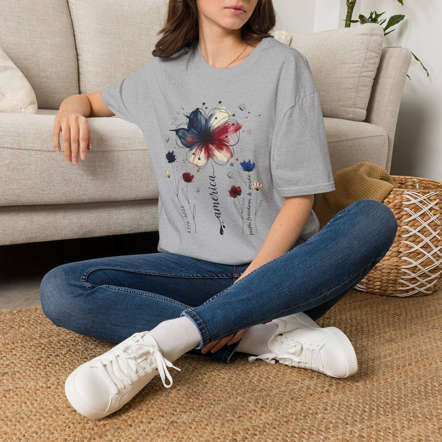 Floral Watercolor Butterfly T-Shirt — Artistic Red & Blue Bloom Tee