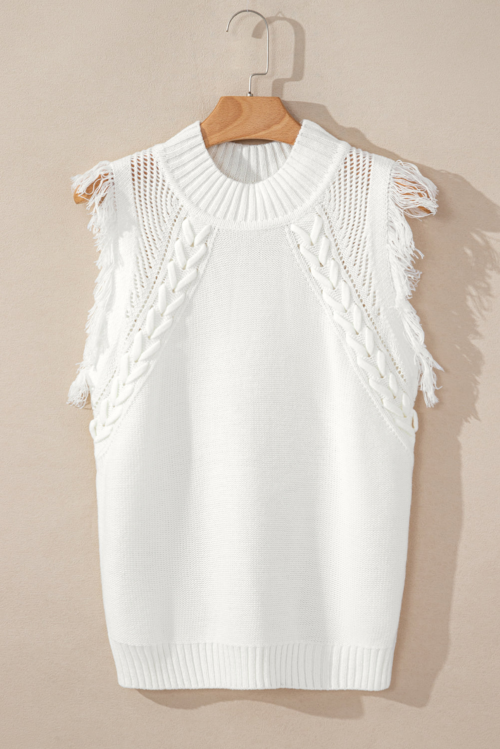 White Woven Cable Knit Tassel Sleeveless Mock Neck Vest Top
