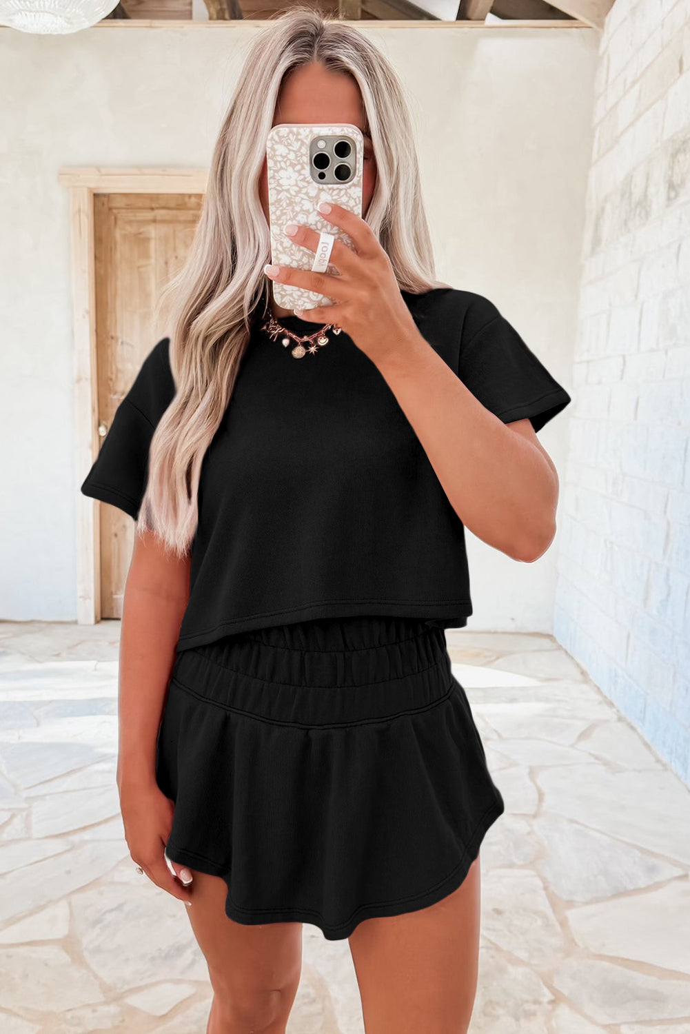 Black Cropped Tee and Ruffle Skort Set