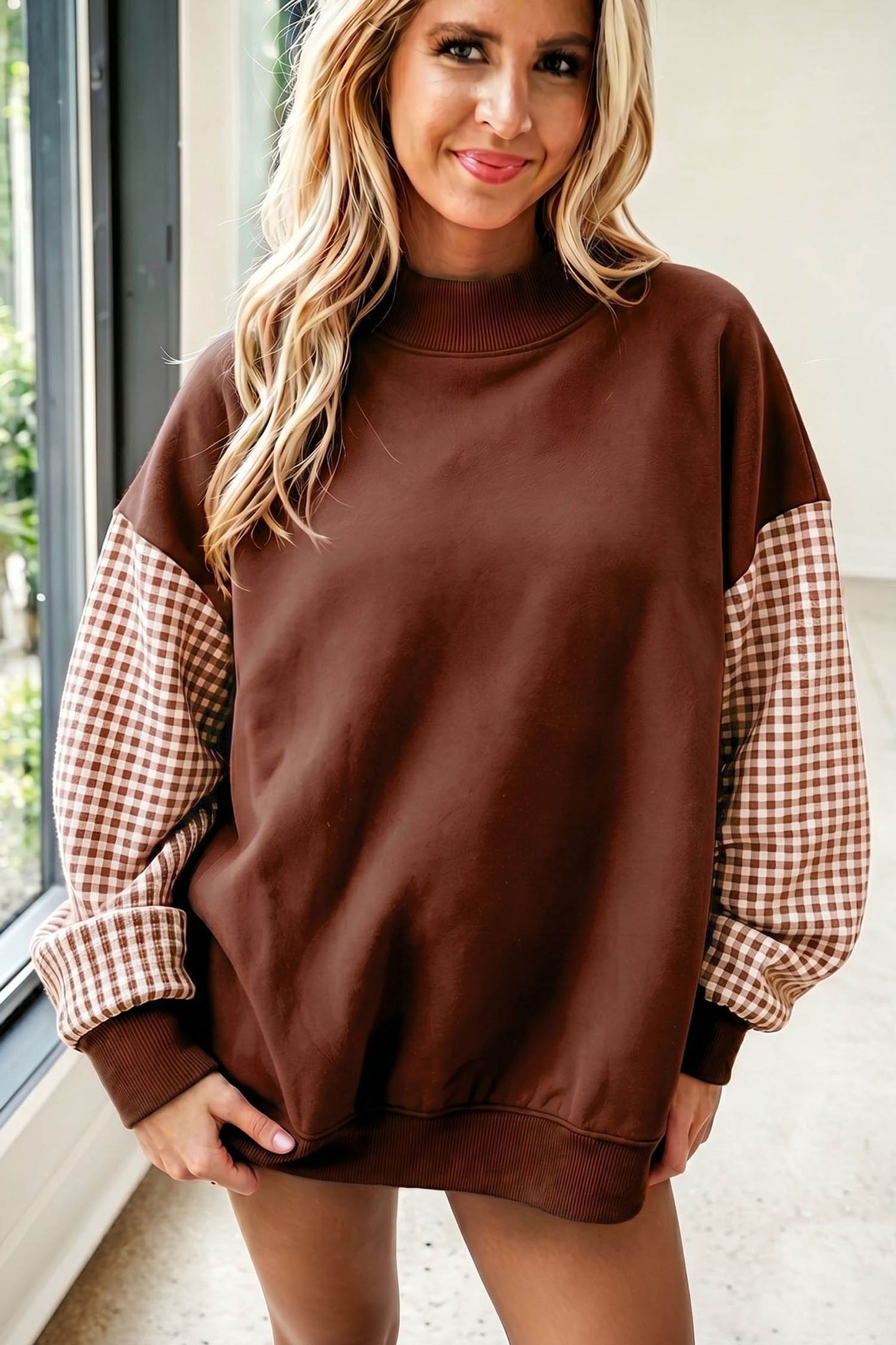 Plaid Sleeve Colorblock Tunic Sweatshirt