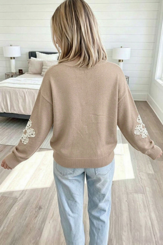 Smoke Gray Beaded Floral Patchwork Sweater