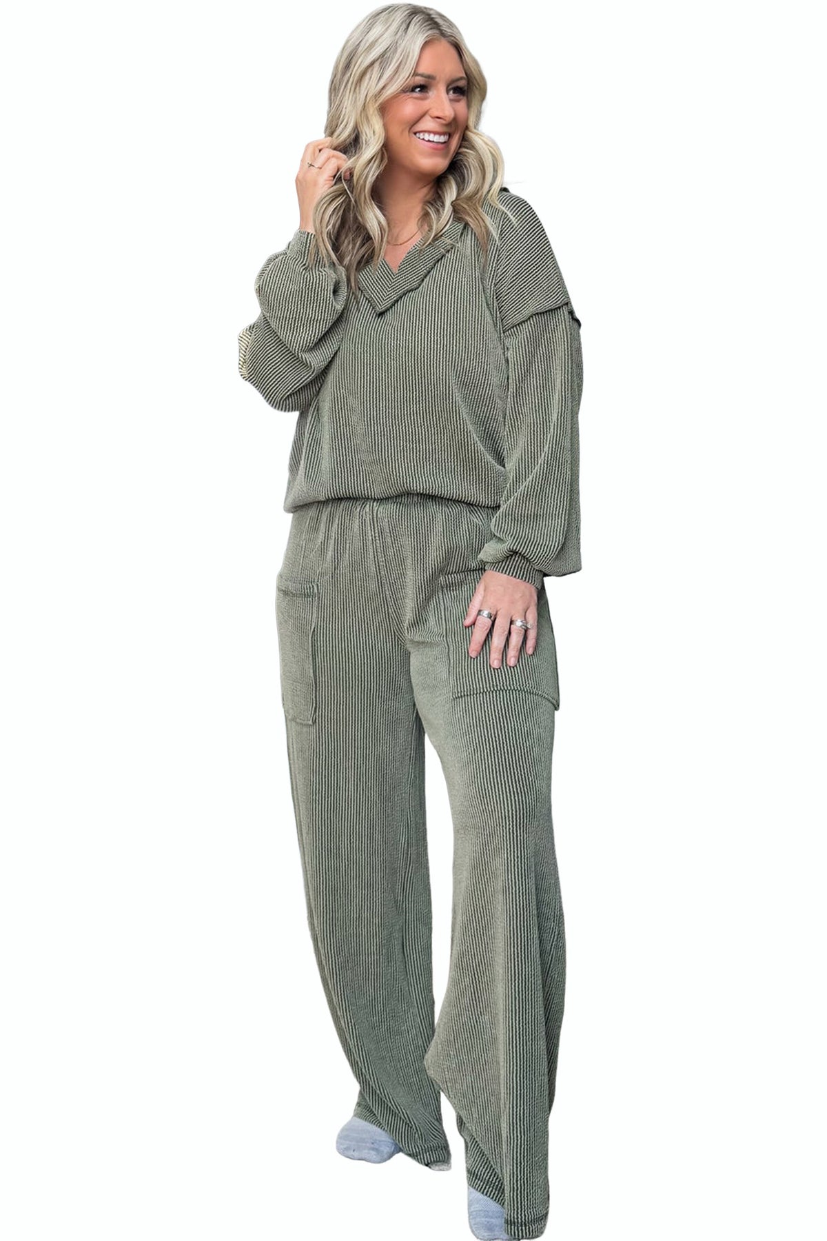 Four Leaf Clover Ribbed V-Neck Pullover & Pant Set Plus Size
