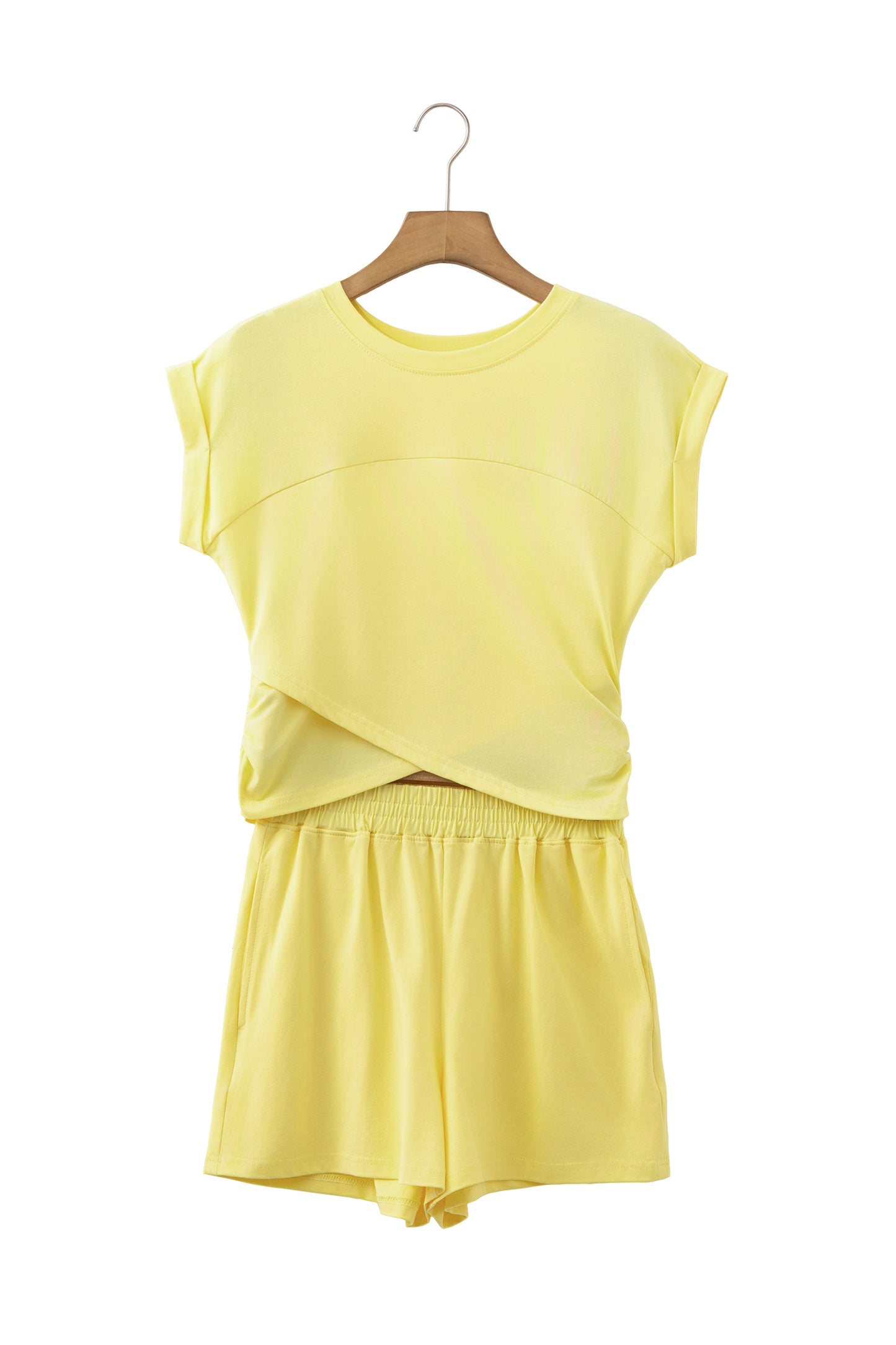 Solid Short Sleeve Crop Top & Elastic Waist Pocket Shorts Set
