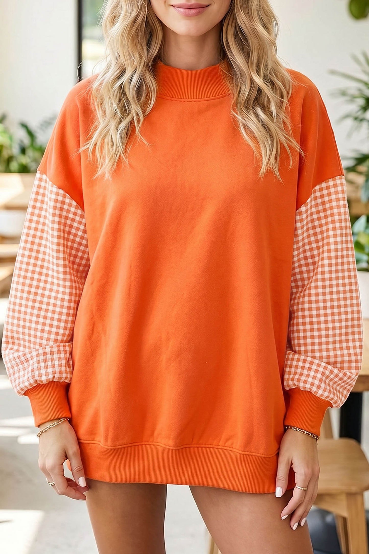 Plaid Sleeve Colorblock Tunic Sweatshirt