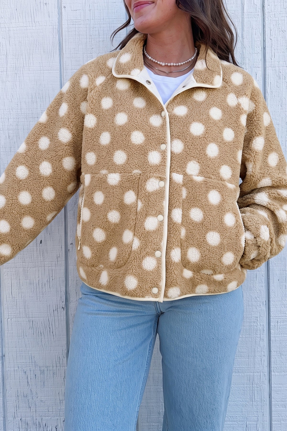 Khaki Polka Dot Faux Fur Jacket