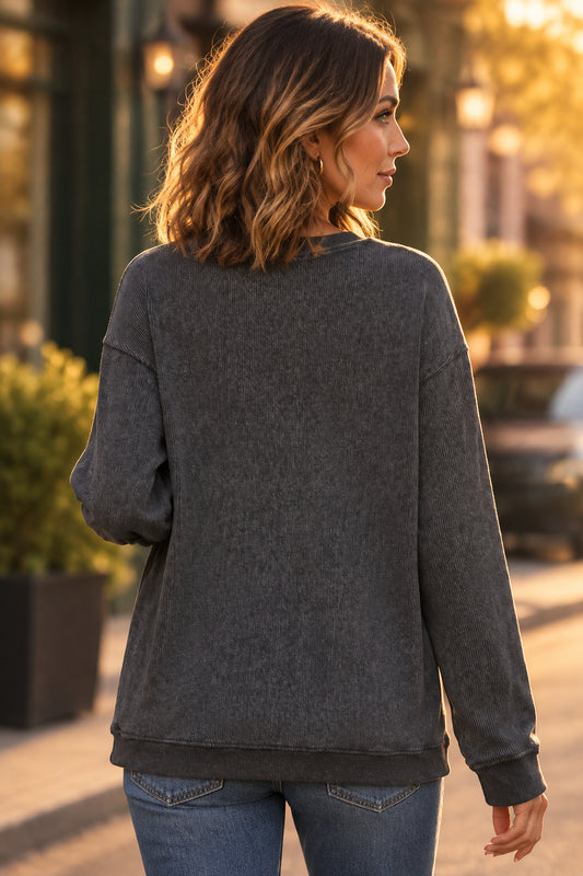 Gray Ribbed Knit Pullover Sweatshirt