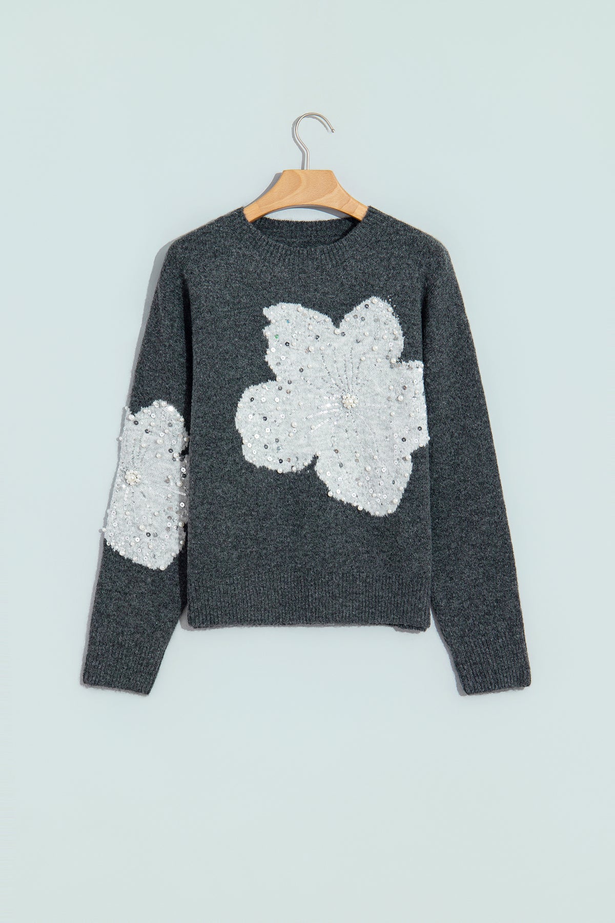 Dark Grey Beaded Floral Sweater