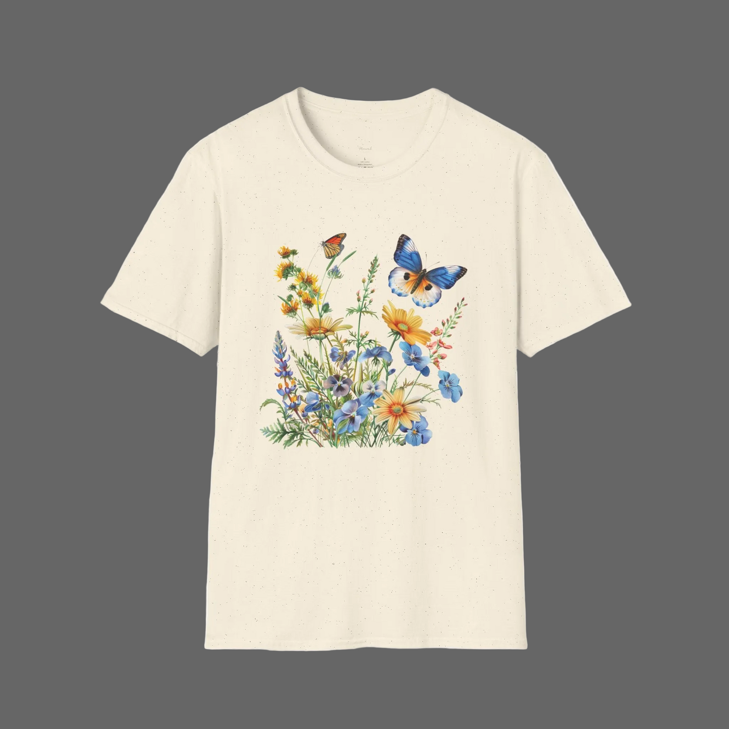 Butterfly Wildflower T-Shirt — Blue & Orange Garden Illustration