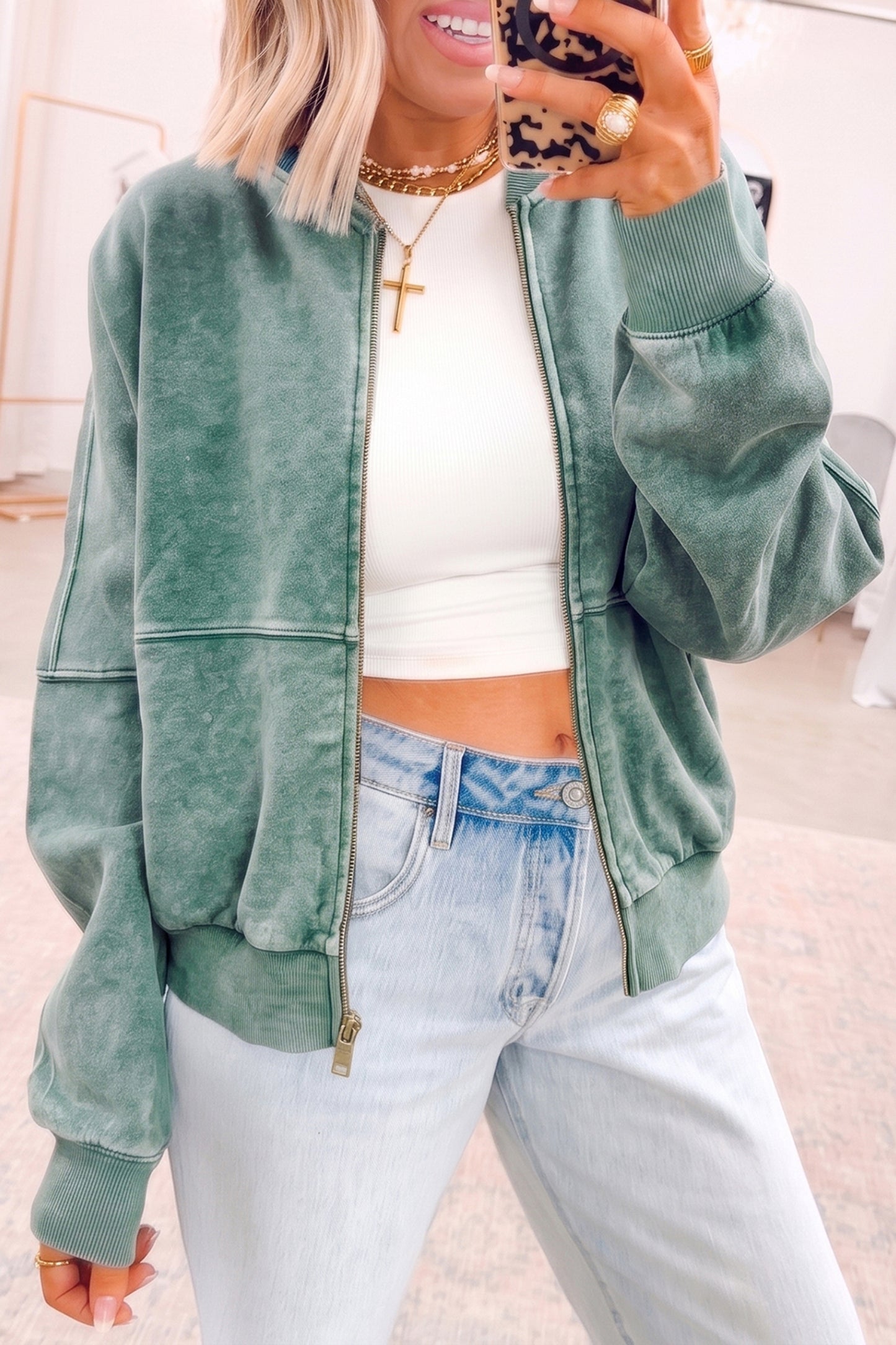 Evergreen Mineral Washed Zip-Front Cotton Sweatshirt Jacket
