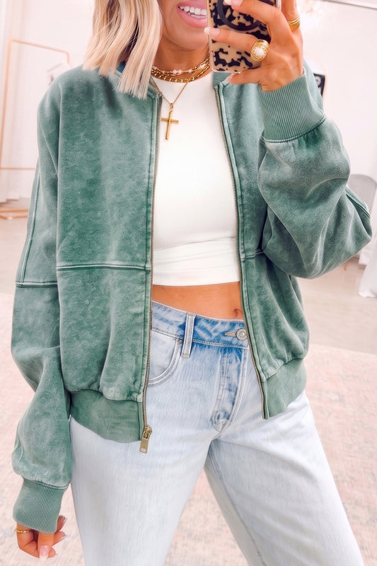 Evergreen Mineral Washed Zip-Front Cotton Sweatshirt Jacket