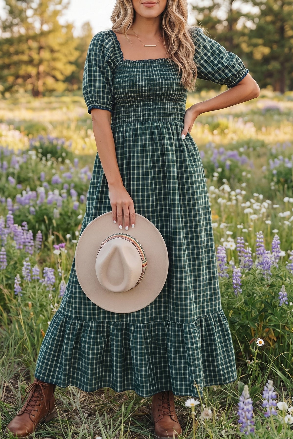 Green Plaid Square Neck Shirred Ruffle Hem Dress