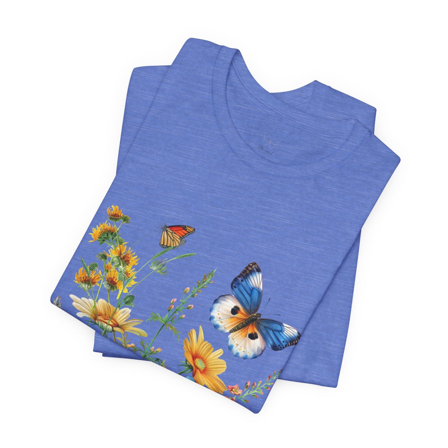 Butterfly Wildflower T-Shirt — Blue & Orange Garden Illustration