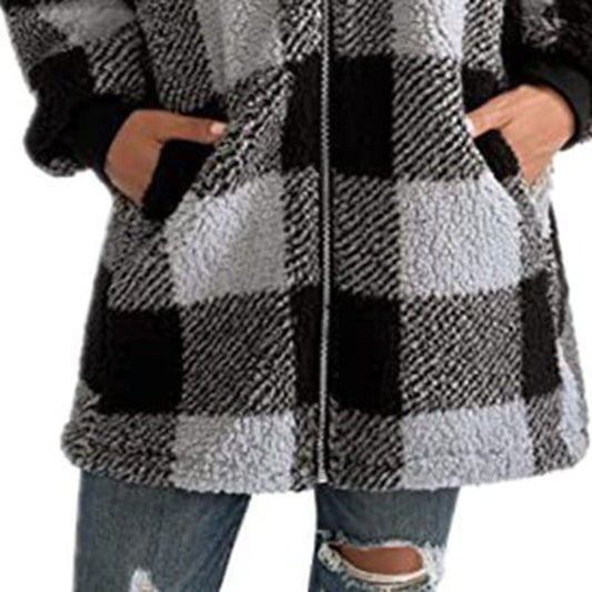 Plaid Hooded Zip-Up Oversized Jacket — Women's Winter Commute Coat