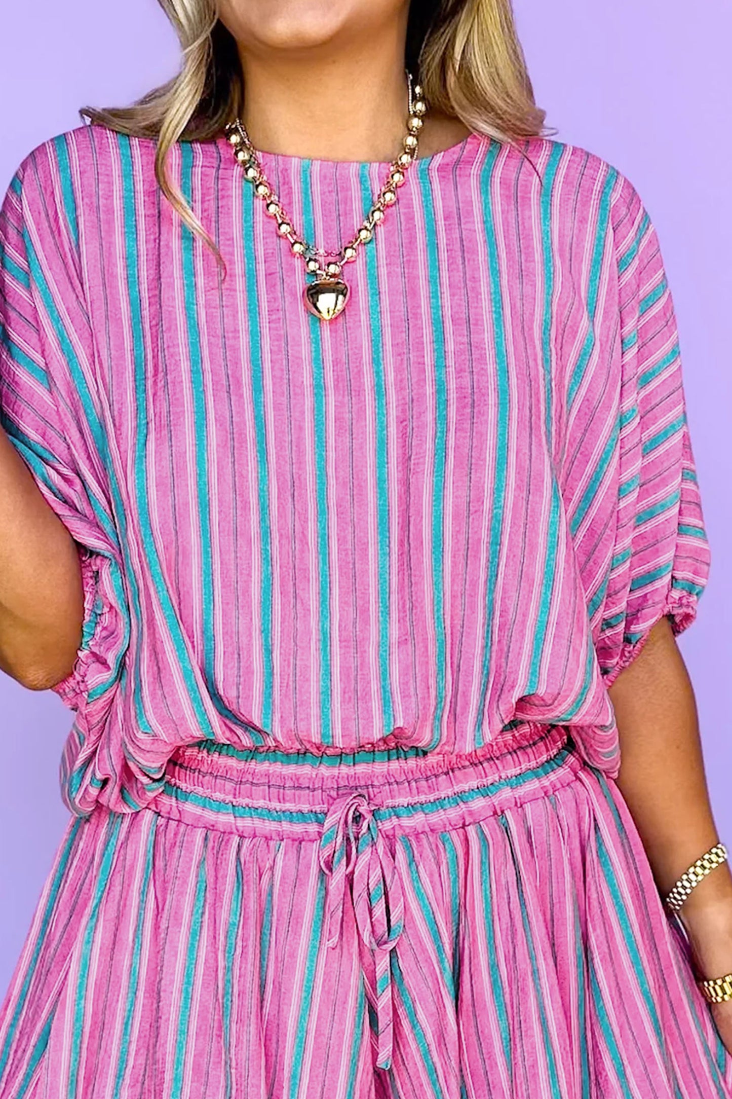 Pink Stripe Dolman Blouse & Drawstring Short Set