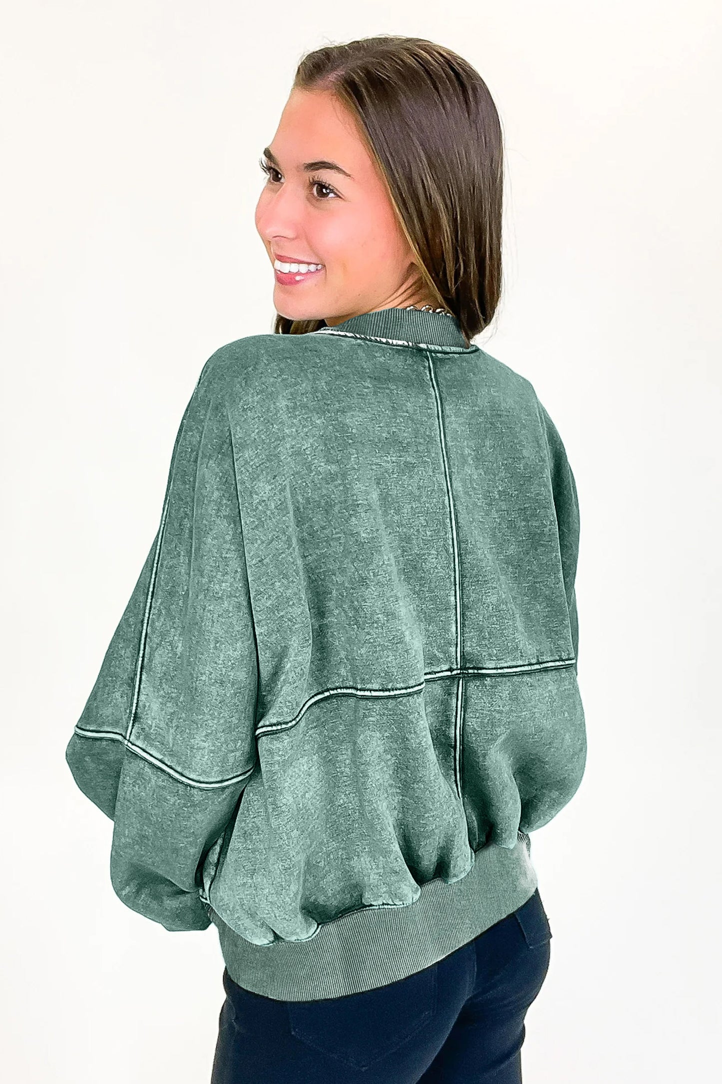 Evergreen Mineral Washed Zip-Front Cotton Sweatshirt Jacket