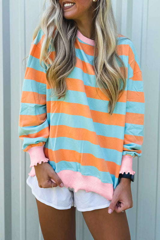 Orange Stripe Ribbed Color Block Long Sleeve Top
