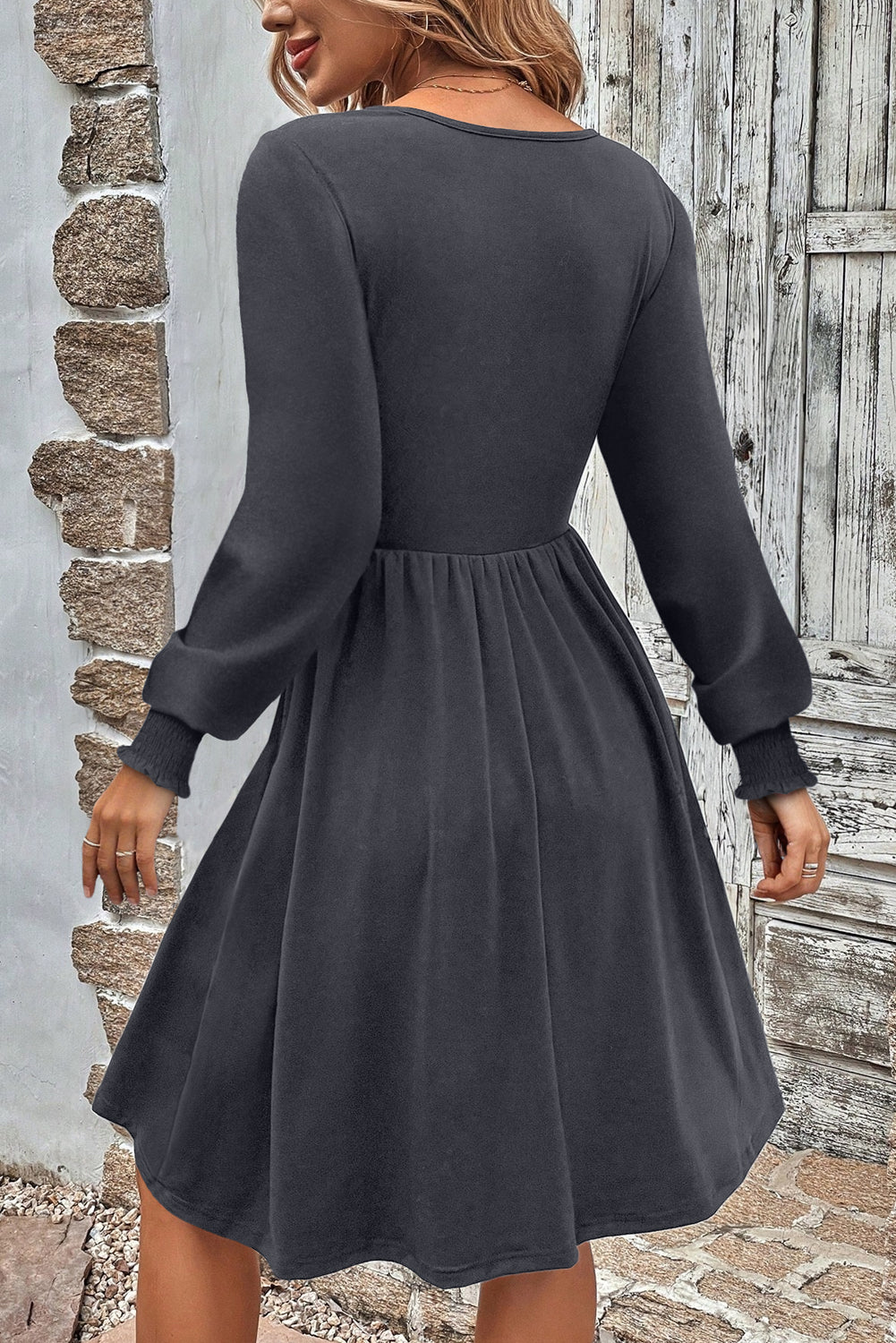 Dark Grey Shirred Cuff Long Sleeve Button Mini Dress