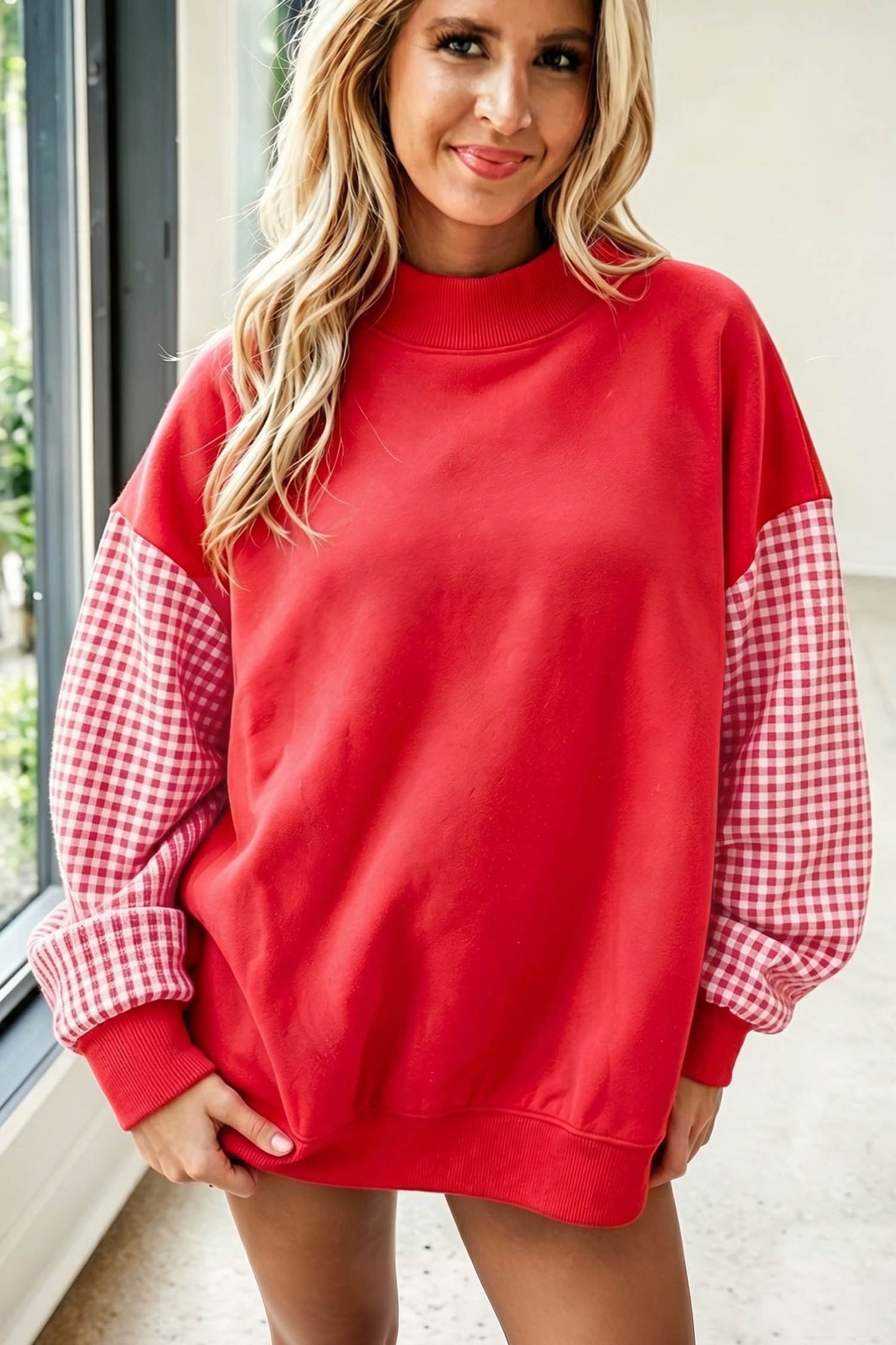 Plaid Sleeve Colorblock Tunic Sweatshirt