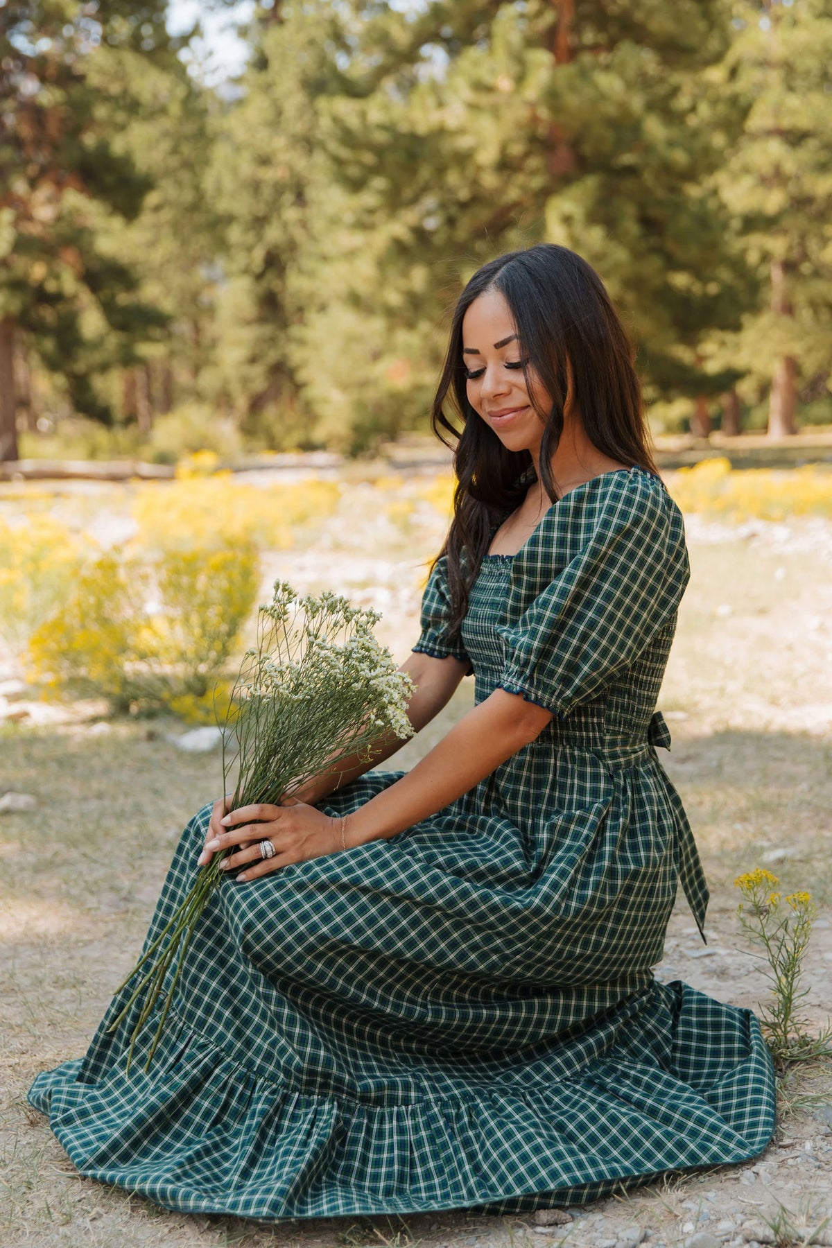 Green Plaid Square Neck Shirred Ruffle Hem Dress
