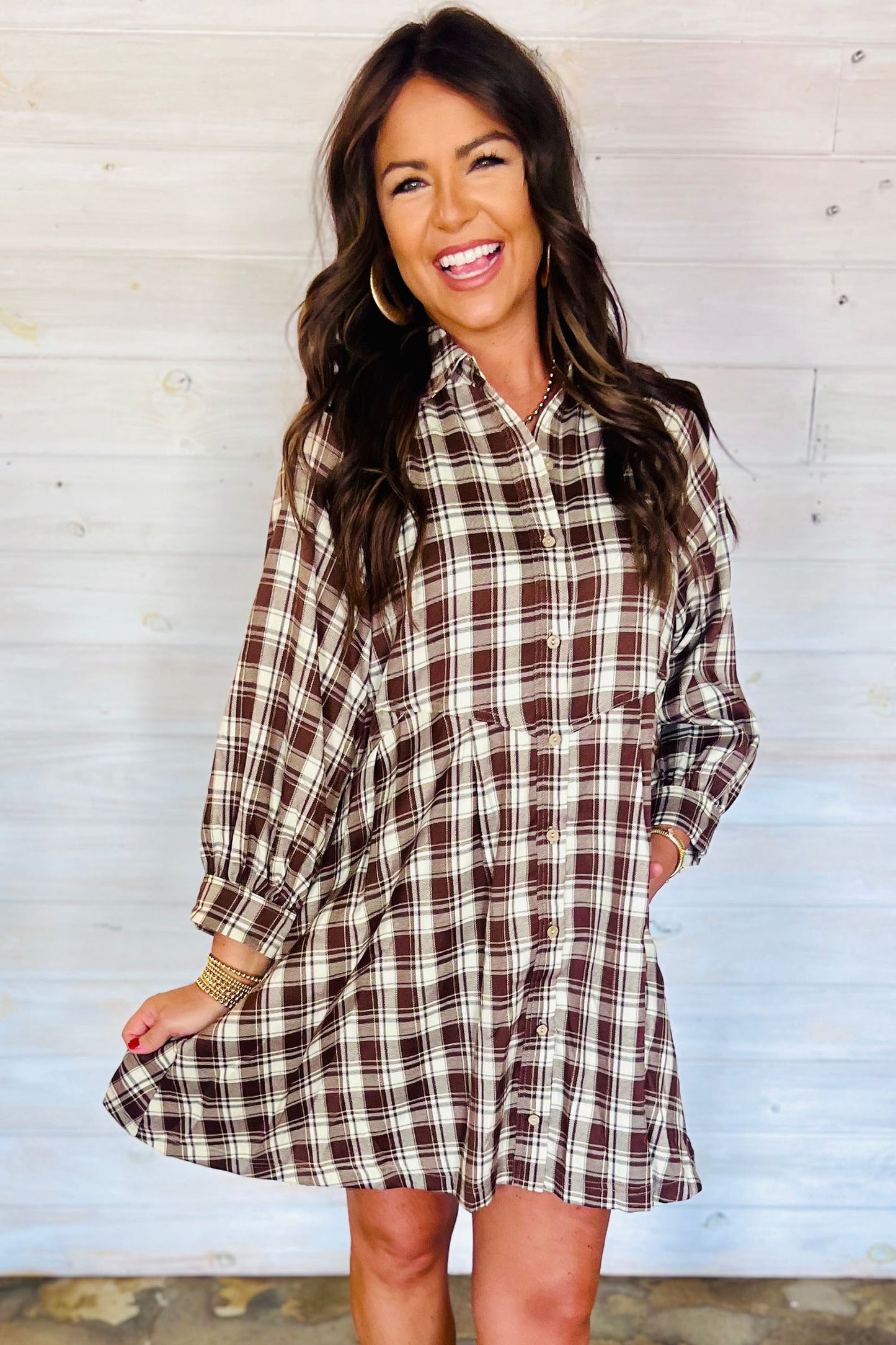 Brown Plaid Long Sleeve Mini Shift Dress