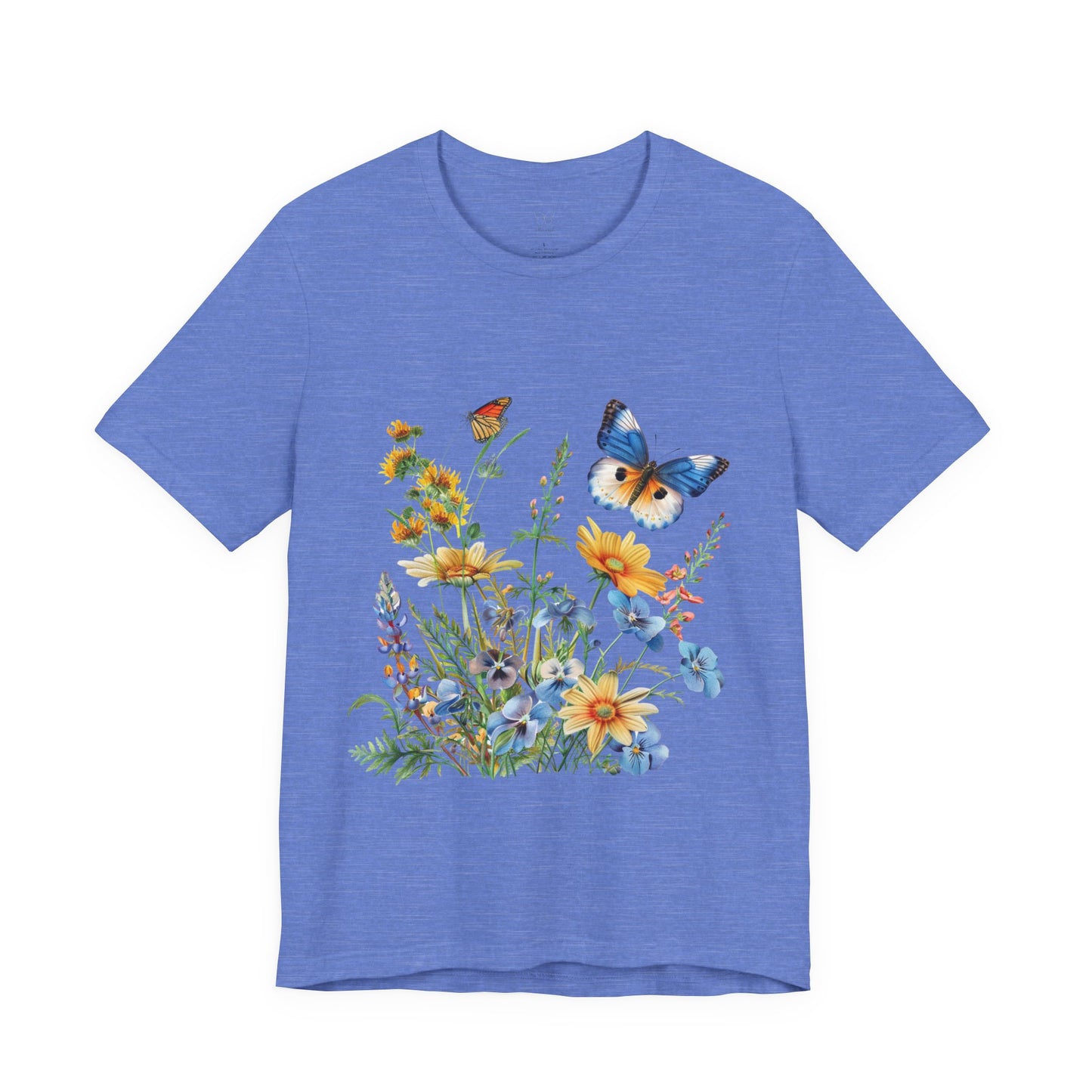 Butterfly Wildflower T-Shirt — Blue & Orange Garden Illustration