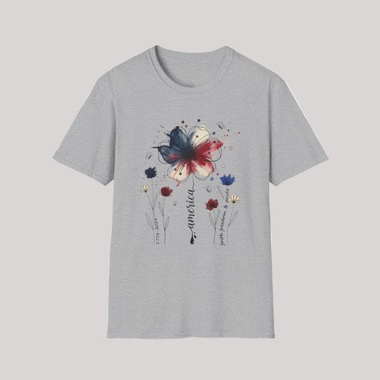 America 1776–2026 Patriotic Floral Tee — Faith, Freedom & Pride Graphic T-Shirt
