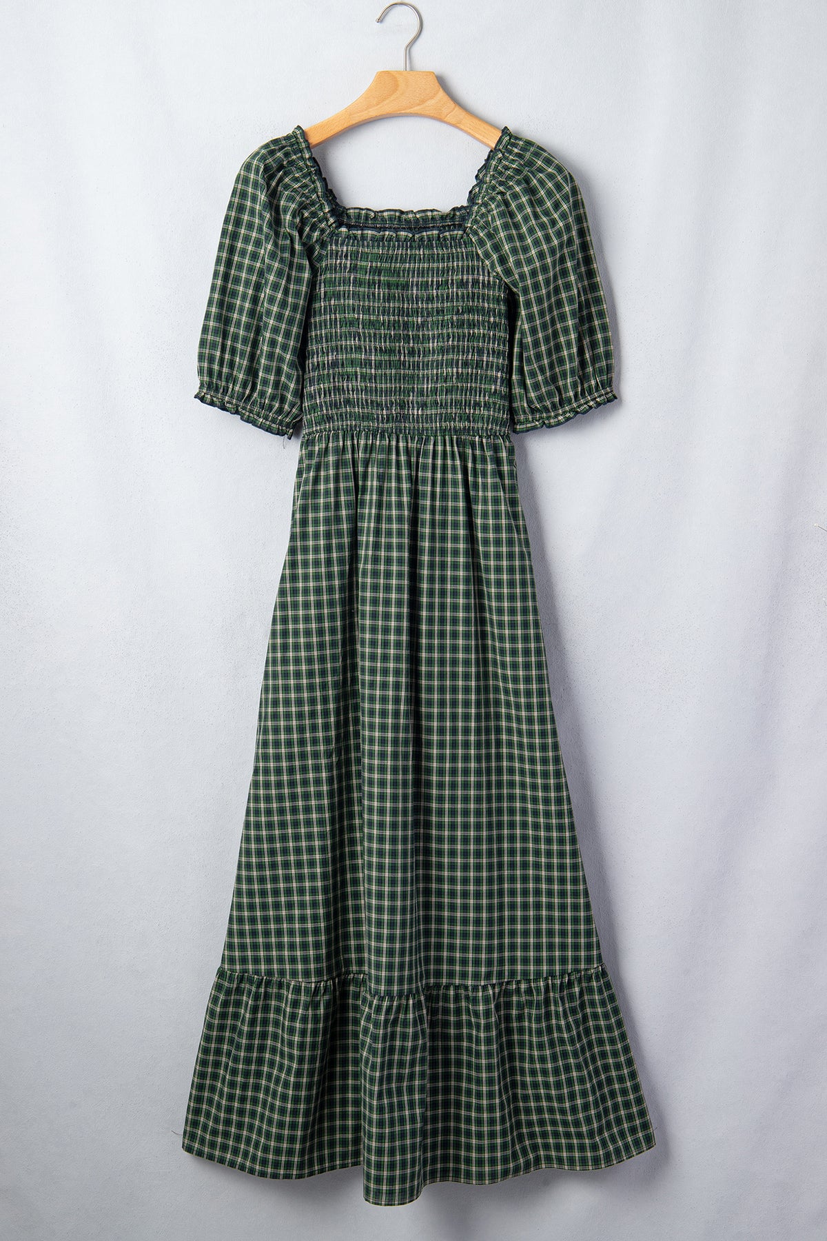 Green Plaid Square Neck Shirred Ruffle Hem Dress