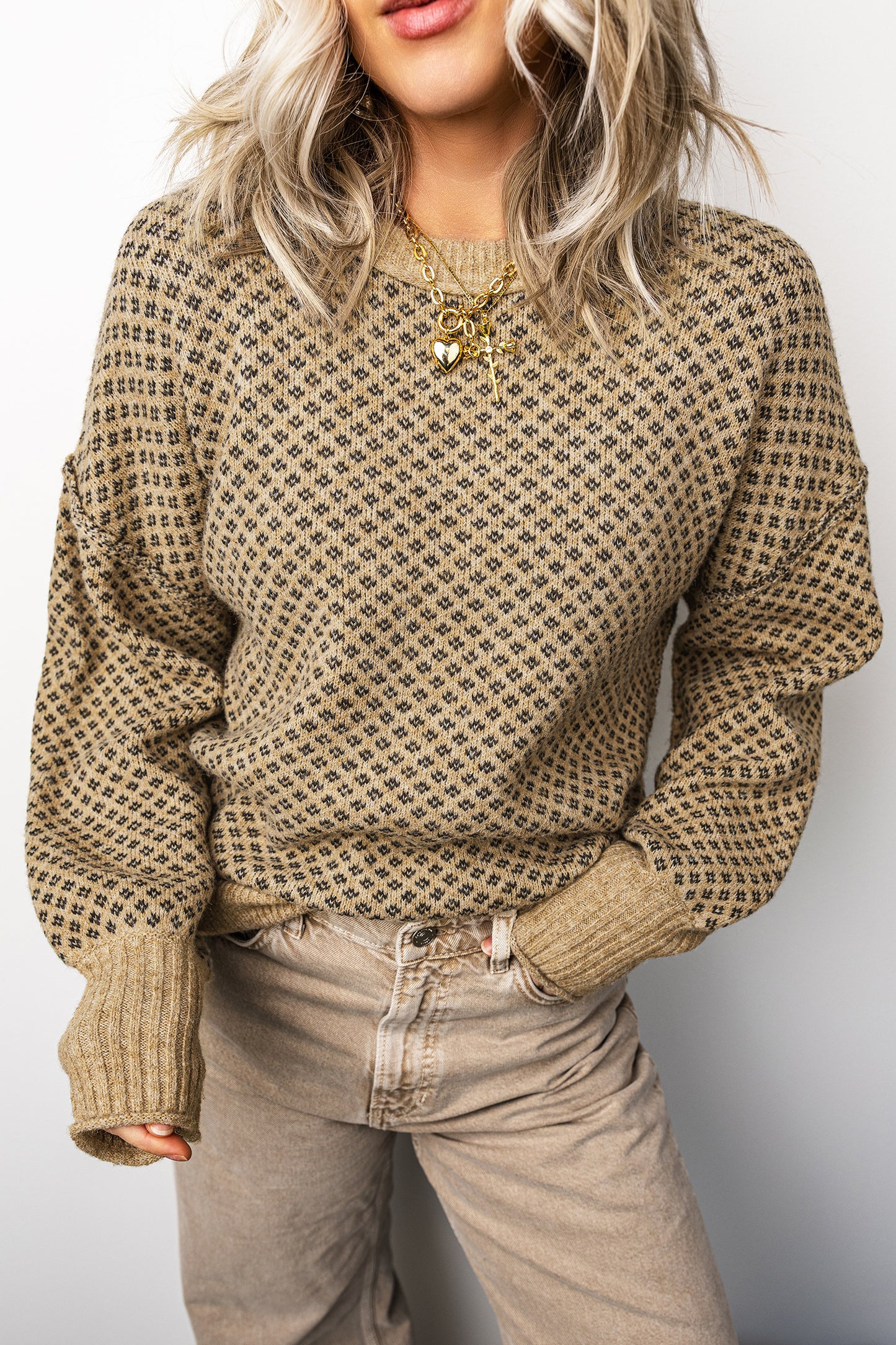Khaki Geometric Print Drop Shoulder Sweater