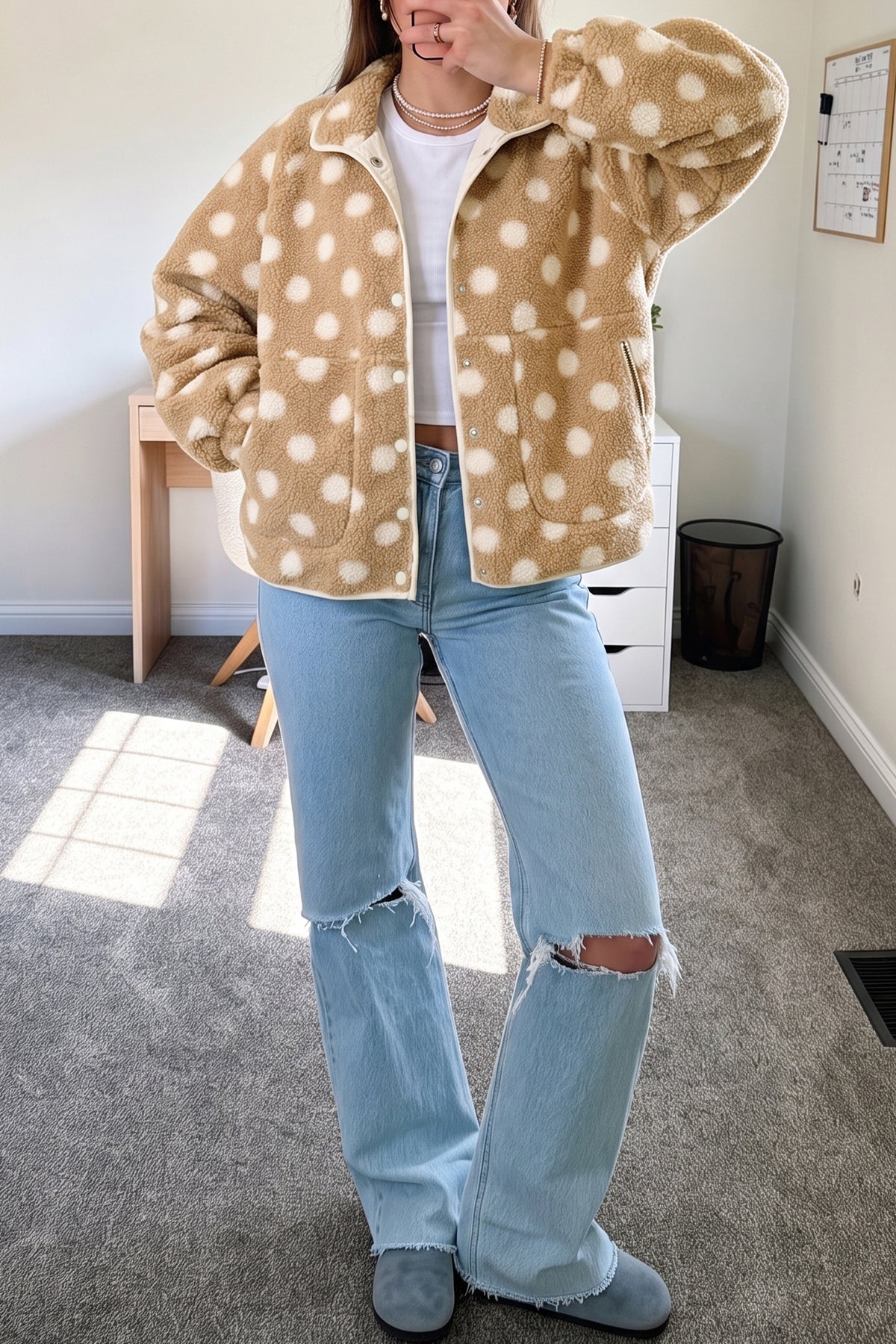 Khaki Polka Dot Faux Fur Jacket