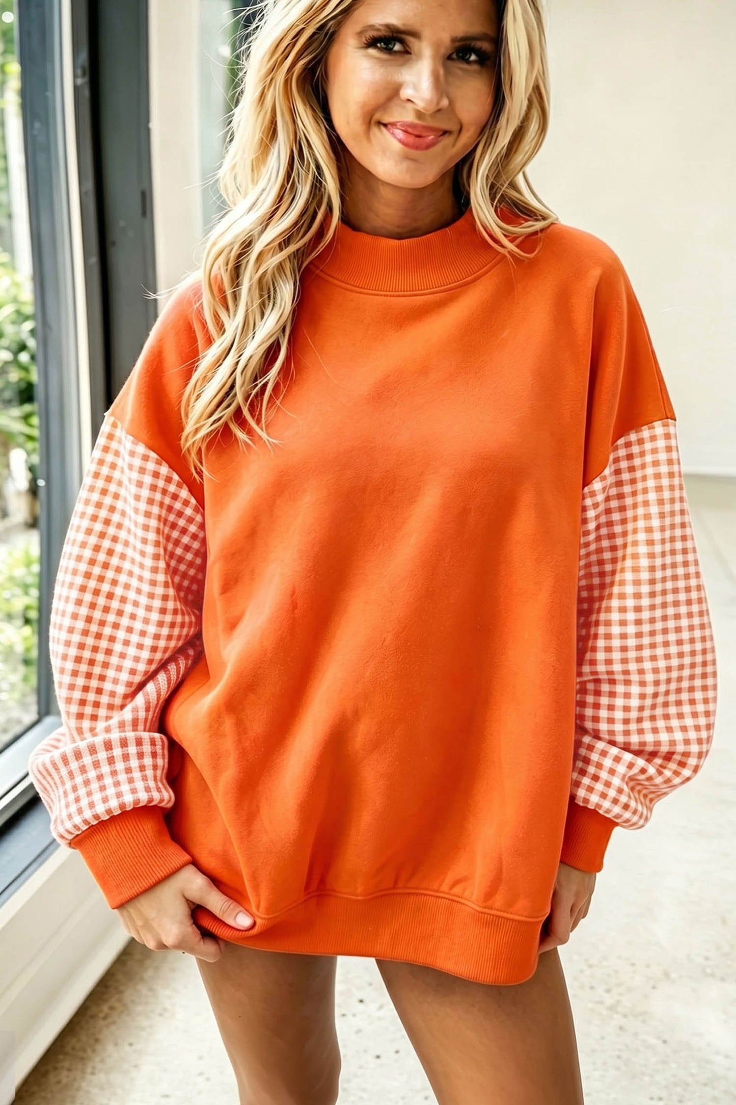 Plaid Sleeve Colorblock Tunic Sweatshirt