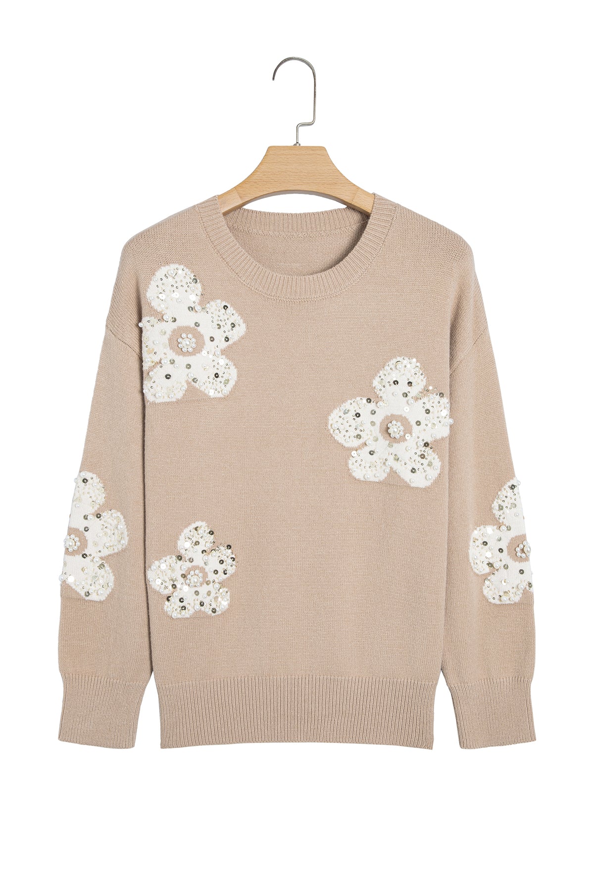 Smoke Gray Beaded Floral Patchwork Sweater