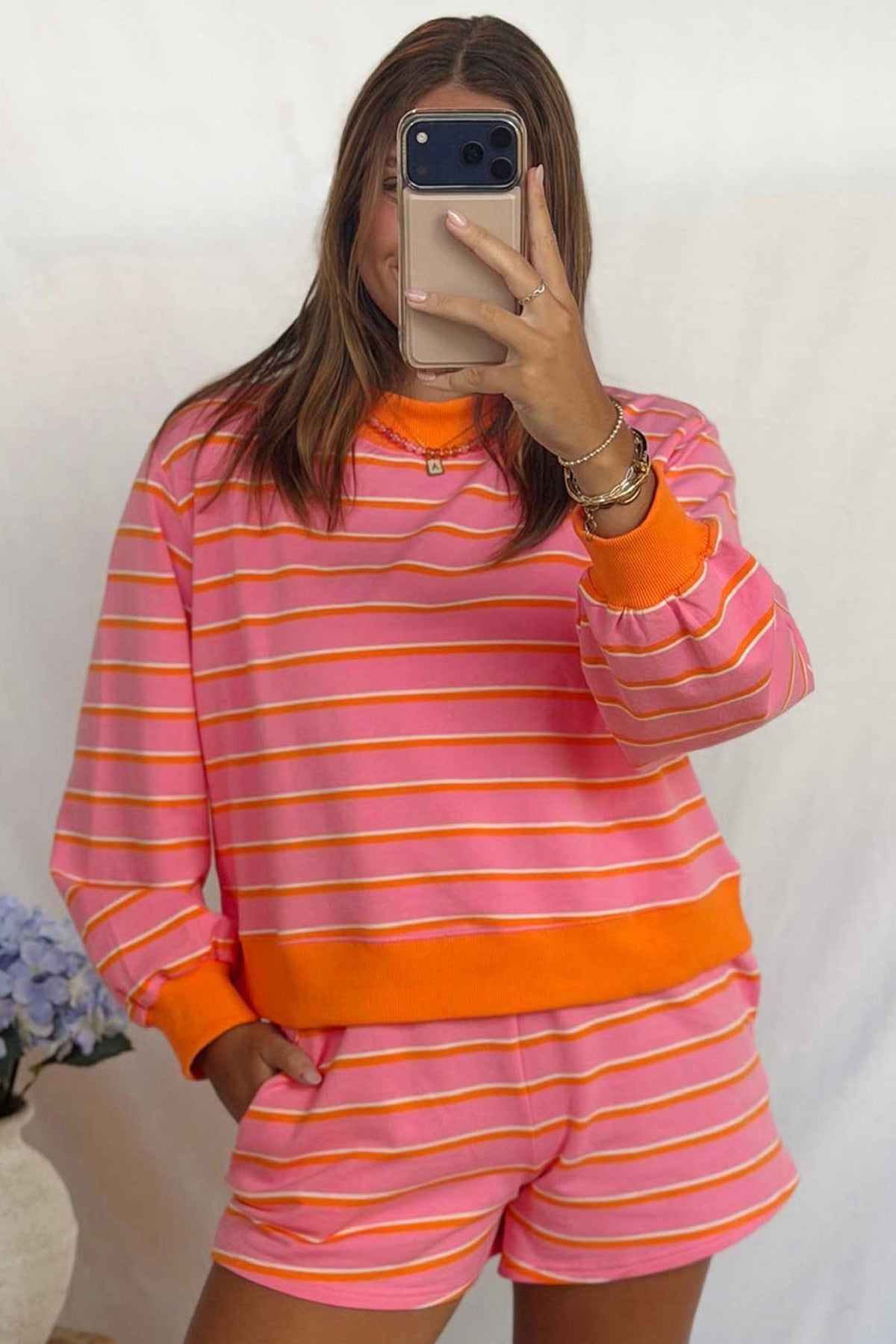 Rose Stripe Colorblock Two-Piece Shorts Set