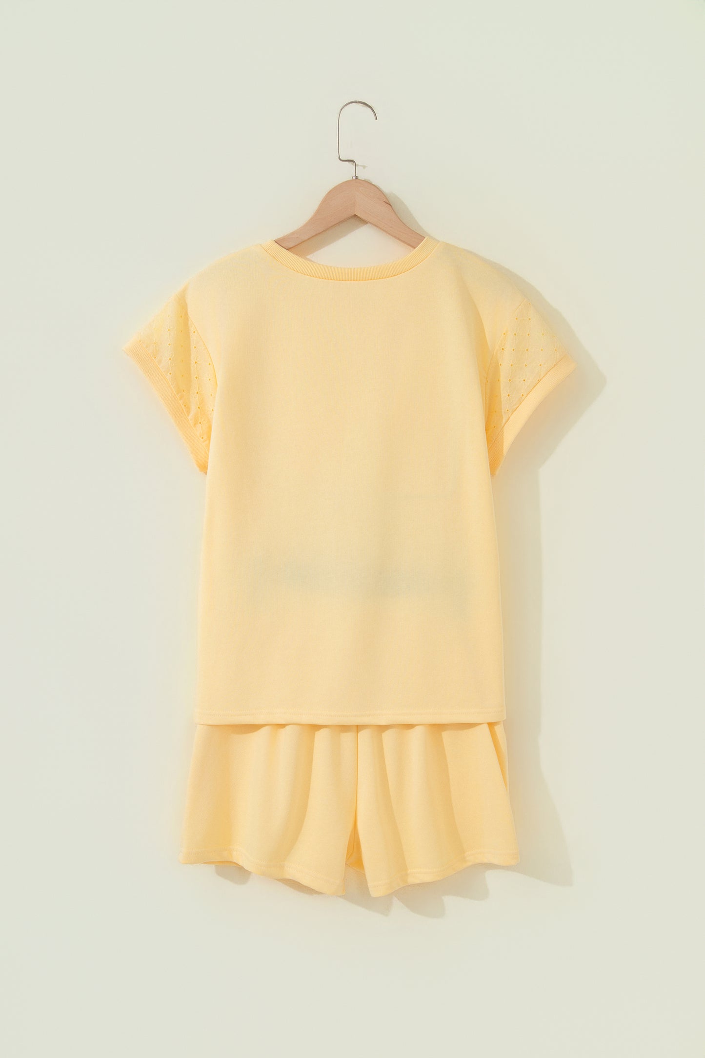 Eyelet Lace Patchwork Sleeve Top & Drawstring Short Set