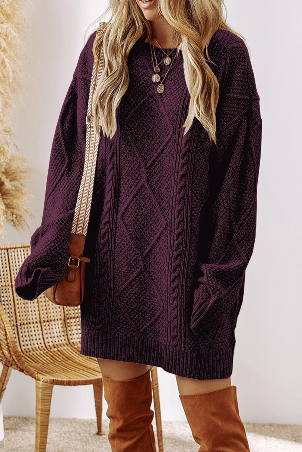 Cable Knit Drop Shoulder Sweater Dress
