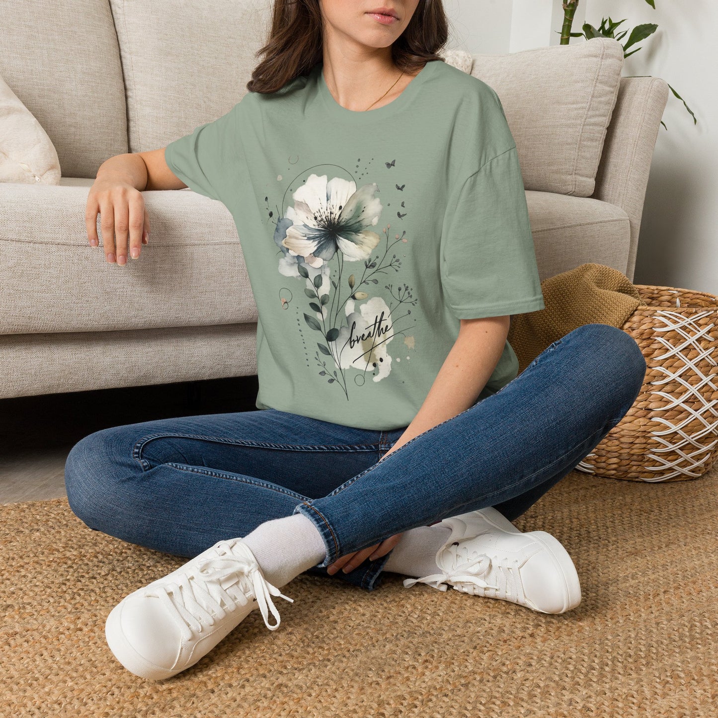 "Breathe" Floral Watercolor Tee | Soft Botanical Graphic Shirt