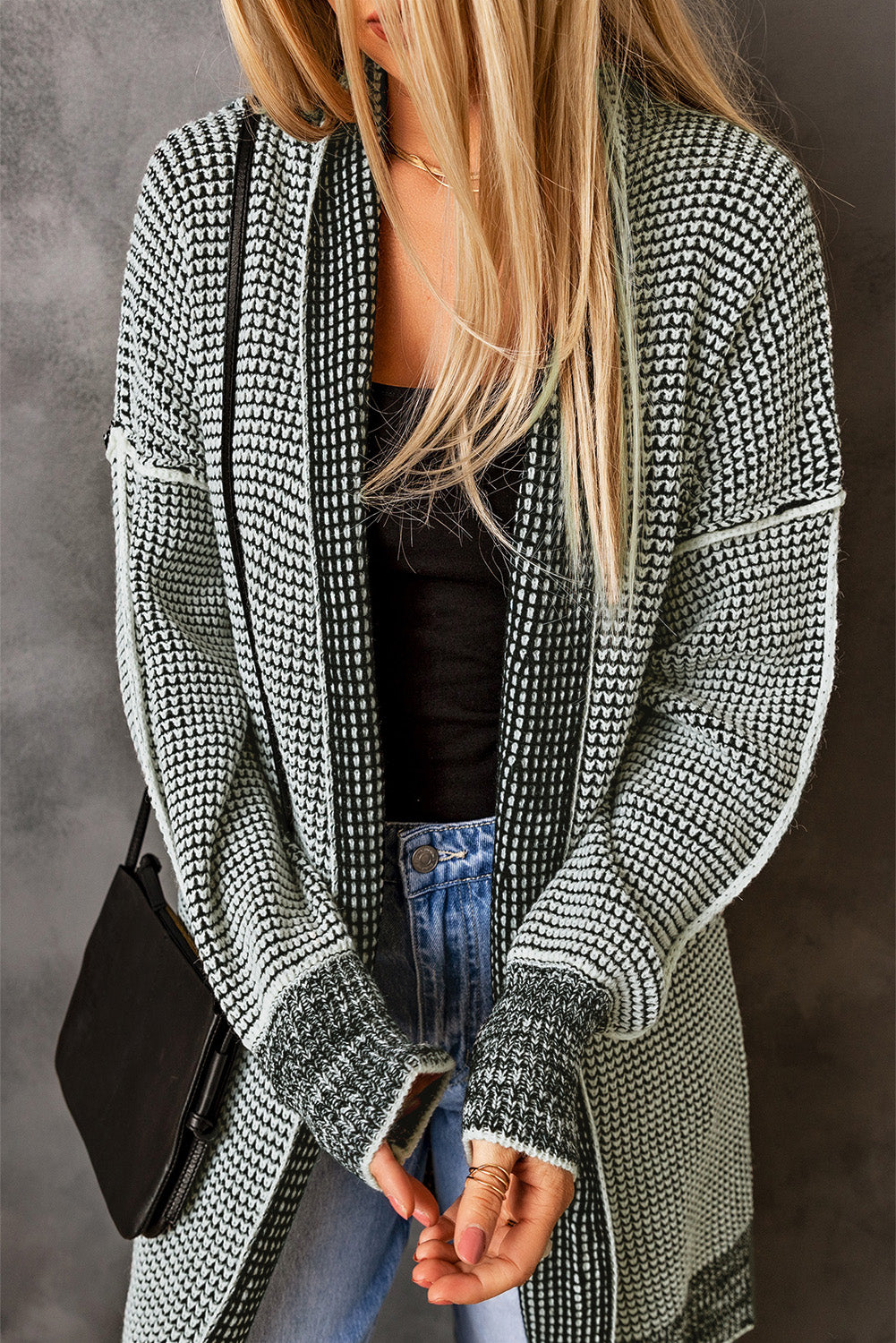 Plaid Knit Long Open-Front Cardigan