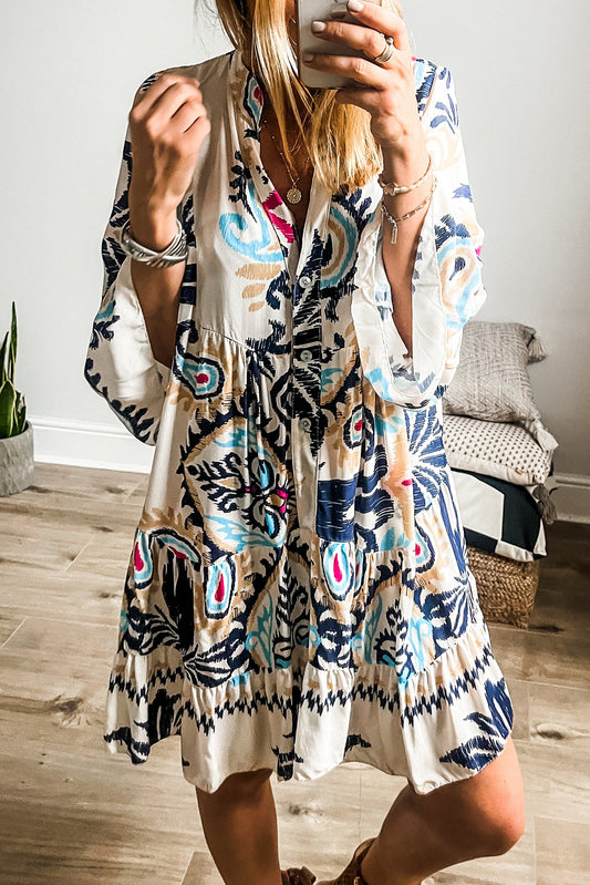 White Printed Button Mini Dress - Bracelet Sleeves
