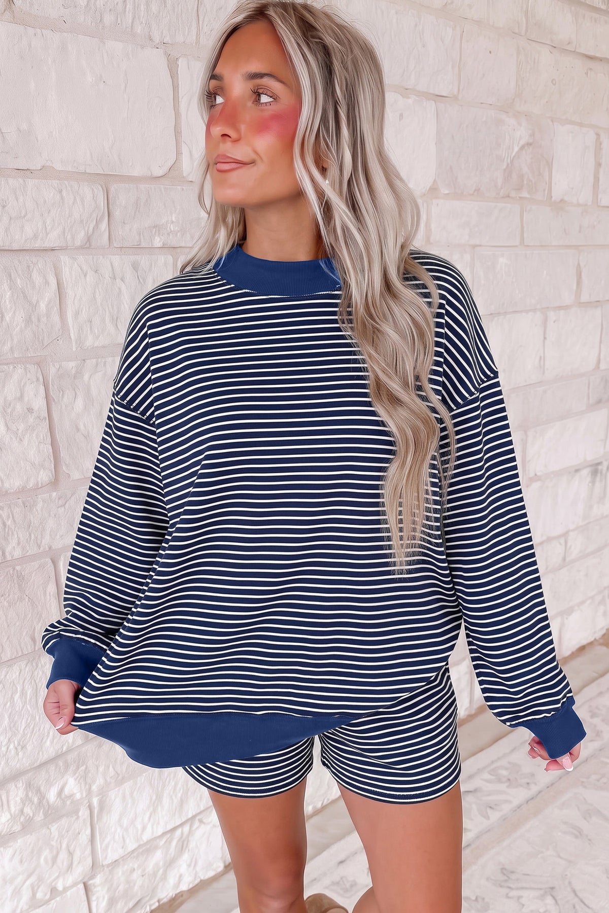 Striped Ribbed Mock-Neck Two-Piece Set