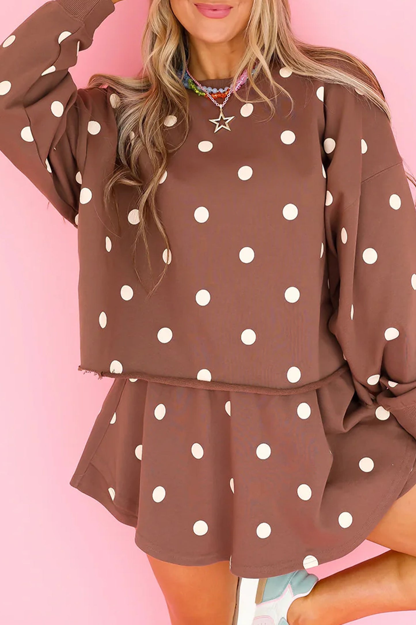 Brown Polka Dot Raw Hem Pullover & Skort Two-Piece Set