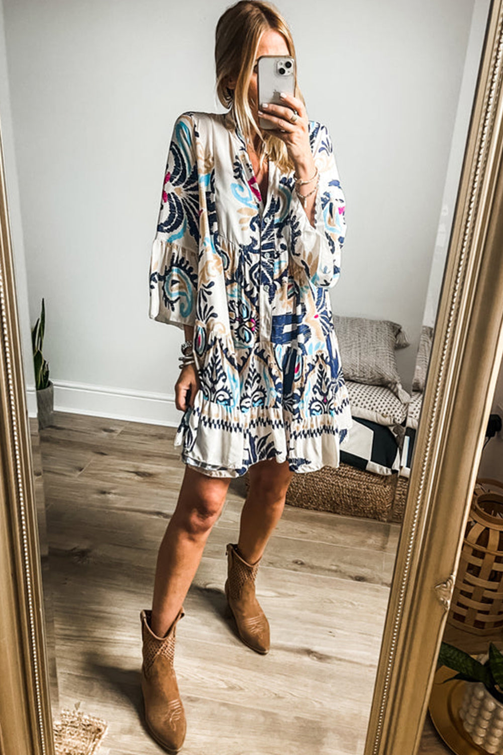 White Printed Button Mini Dress - Bracelet Sleeves