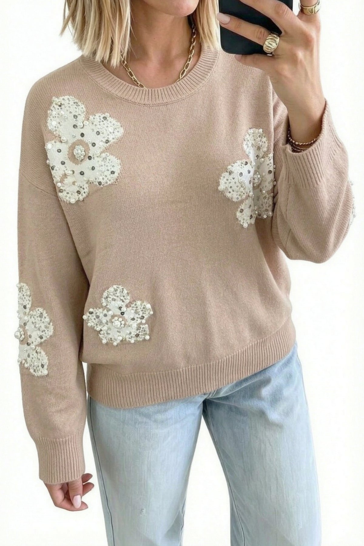 Smoke Gray Beaded Floral Patchwork Sweater