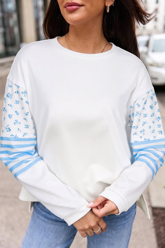Beige Floral Stripe Contrast Long Sleeve Pullover Top