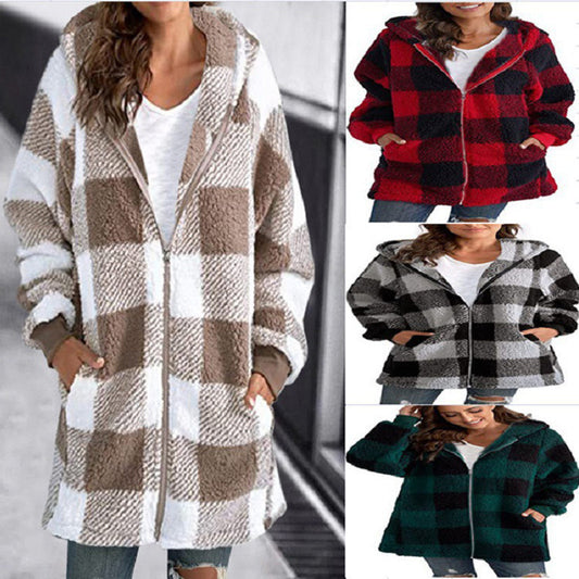 Plaid Hooded Zip-Up Oversized Jacket — Women's Winter Commute Coat