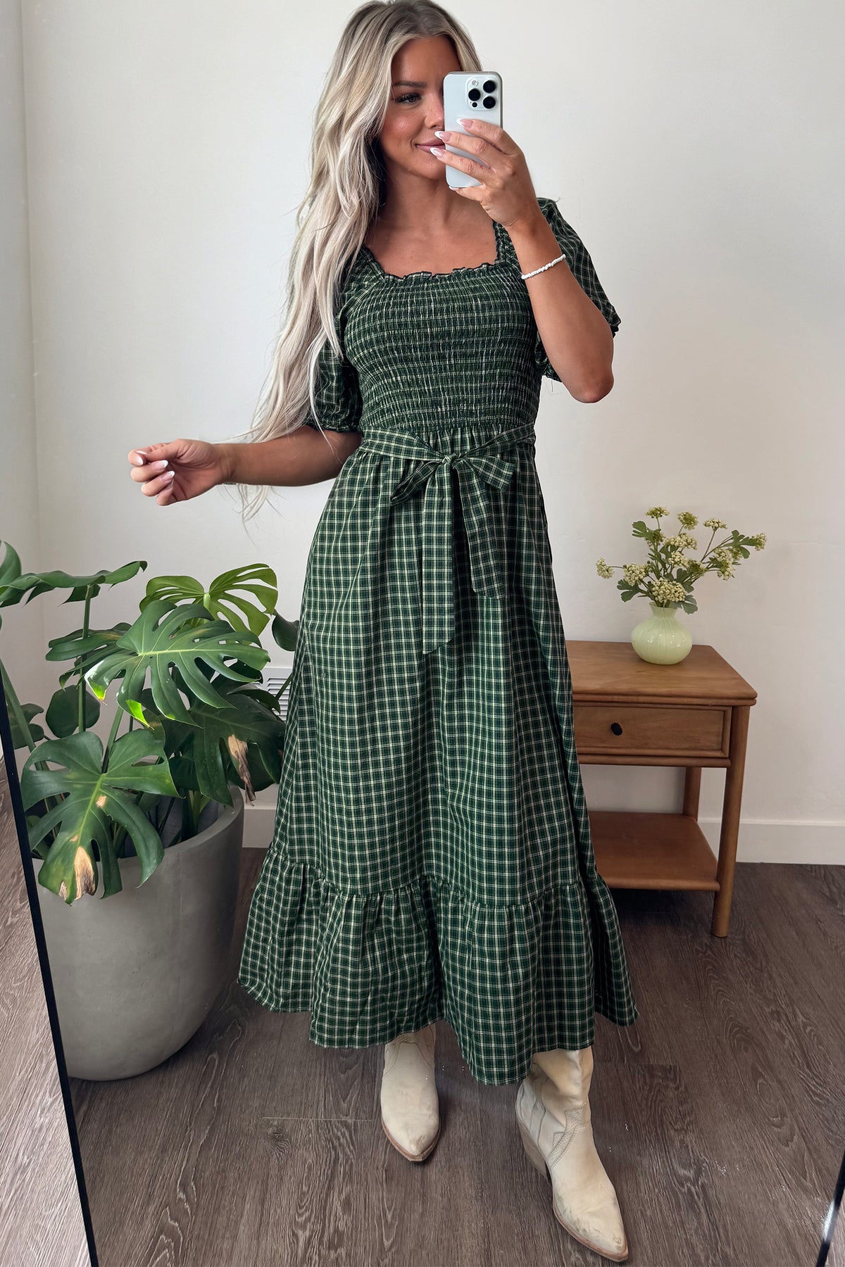 Green Plaid Square Neck Shirred Ruffle Hem Dress