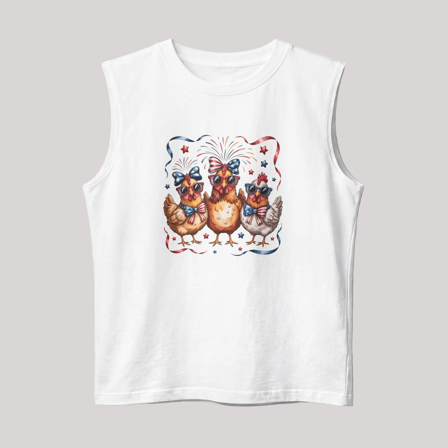 Patriotic Chicken Trio Muscle Tank | Red White & Blue Hen Graphic Tee