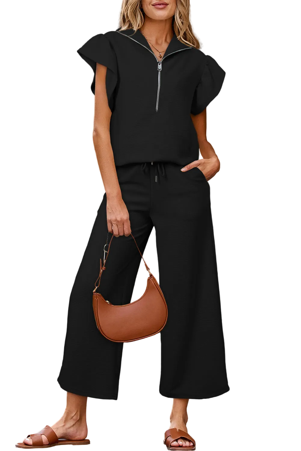 Apricot Textured Ruffled Sleeve Zipped Top and Wide Leg Pants Set
