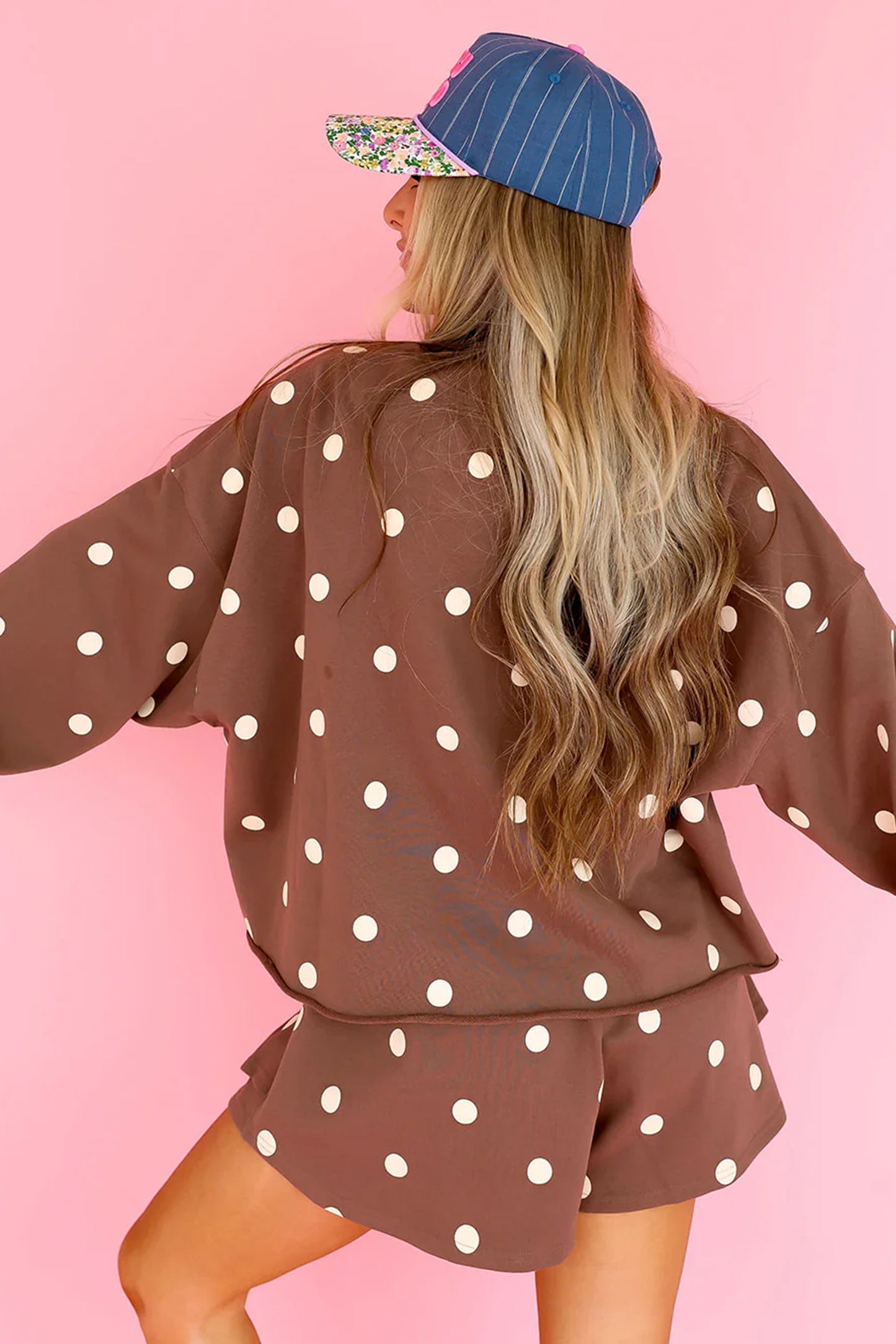Brown Polka Dot Raw Hem Pullover & Skort Two-Piece Set